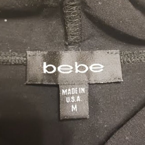 BEBE Long Sleeve Ruched Hooded Black Shirt with Rhinestone Logo, Sz M, Used - Picture 7 of 8